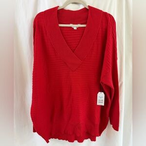 Red V-Neck Women's Oversized Sweater